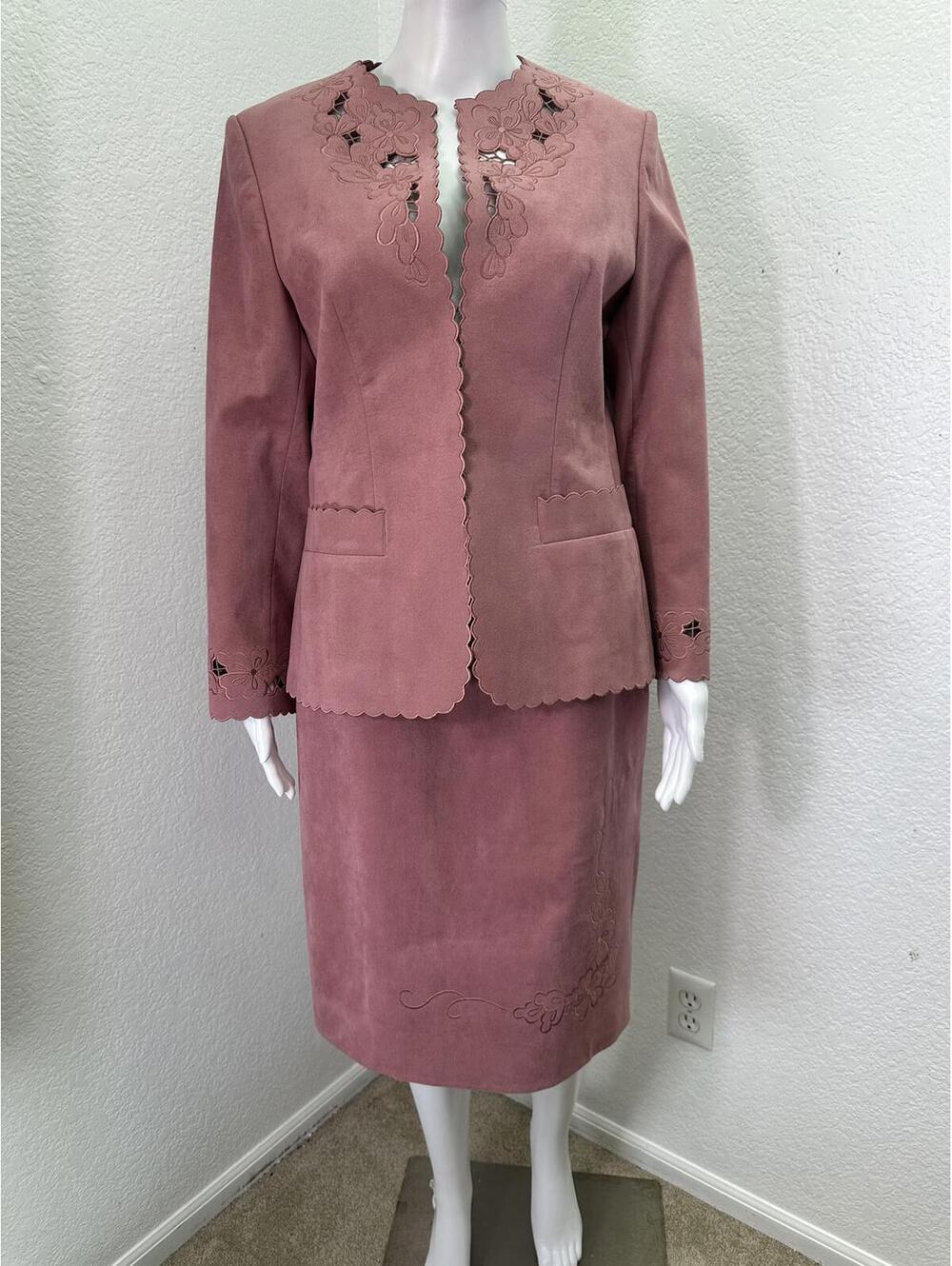 Dusty Rose Genuine Suede Leather Custom Made Skirt Suit Embroidery Laser Cut Out